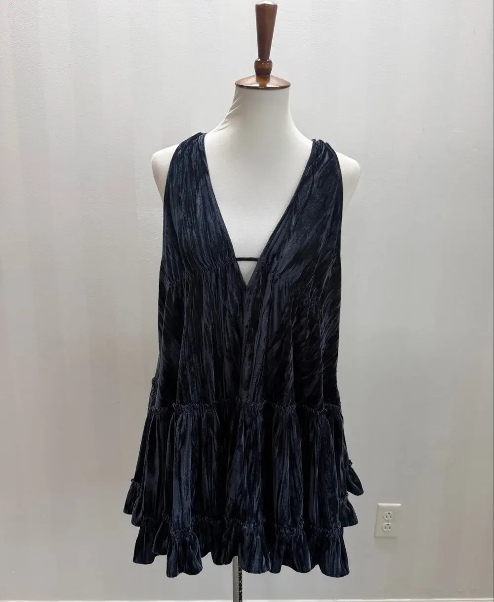 Free People Blue Velvet Tunic Top Boho Tiered Ruffle Deep V Back Tie Sz S